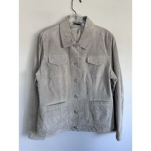 Vintage 2000s 100% Genuine Suede Leather Blazer Jacket Grey Beige Size XL A++